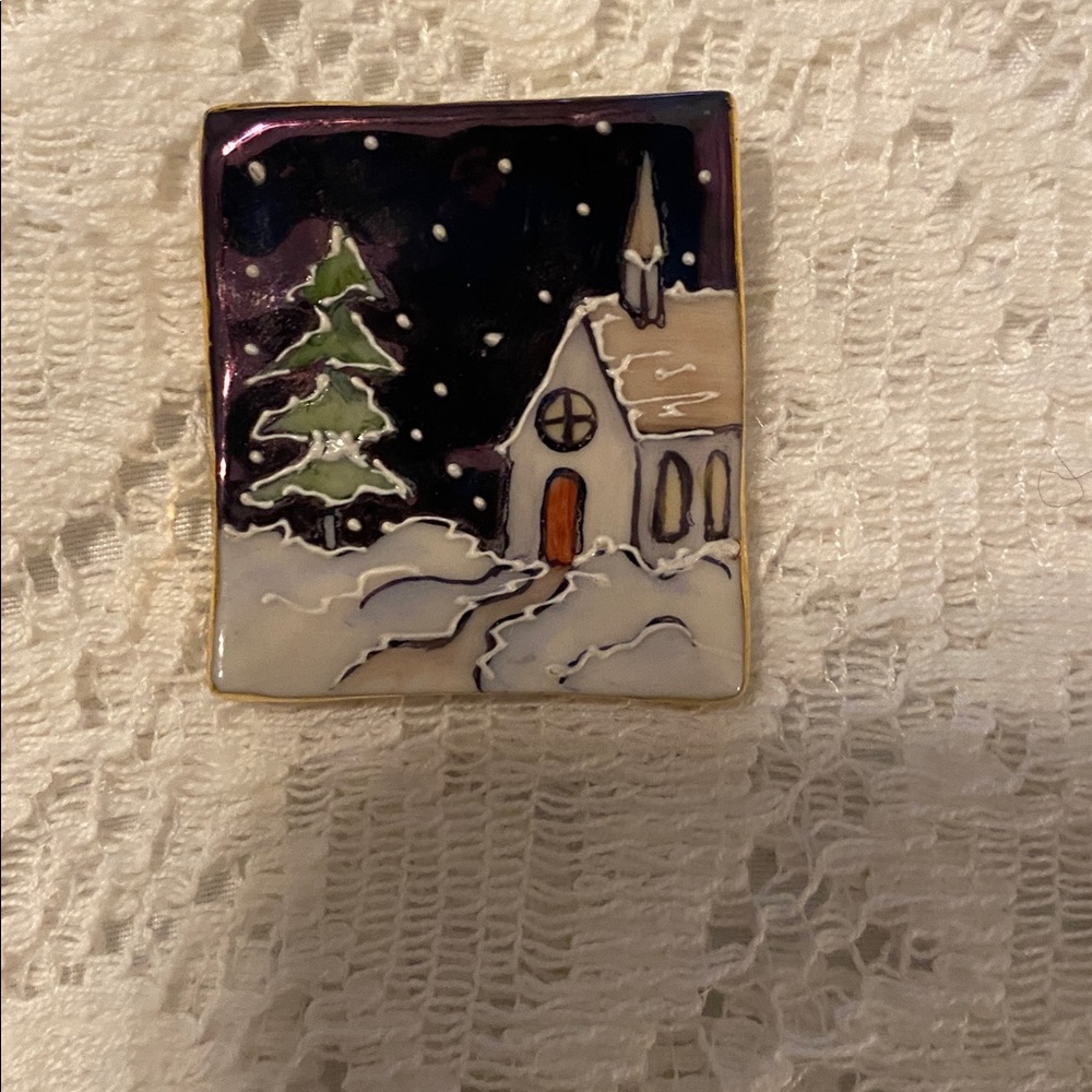 Holiday Handpainted Porcelain Brooch Pin with Snowy Church Scene